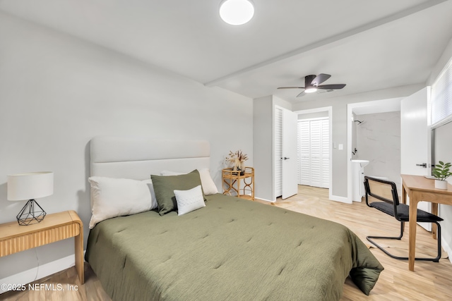 bedroom with ceiling fan and light hardwood / wood-style floors