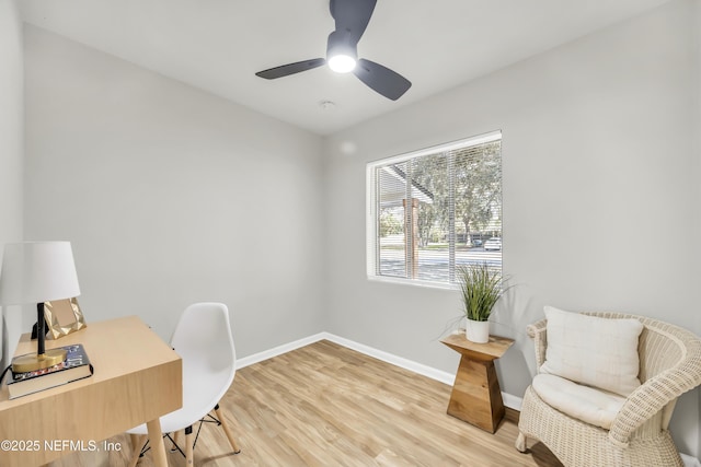 home office with ceiling fan and light hardwood / wood-style floors