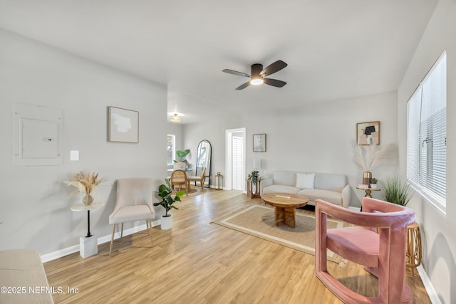 living room featuring plenty of natural light, electric panel, ceiling fan, and light wood-type flooring