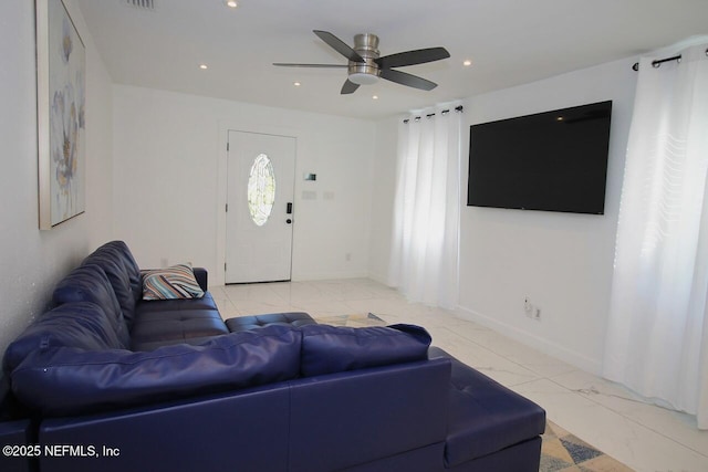 living room featuring ceiling fan