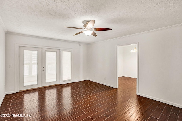 spare room featuring french doors, crown molding, a textured ceiling, dark hardwood / wood-style flooring, and ceiling fan