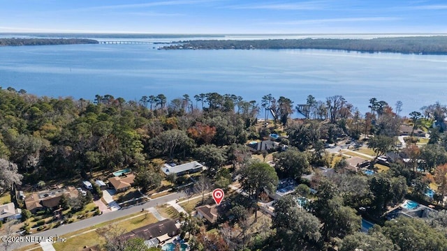 drone / aerial view with a water view