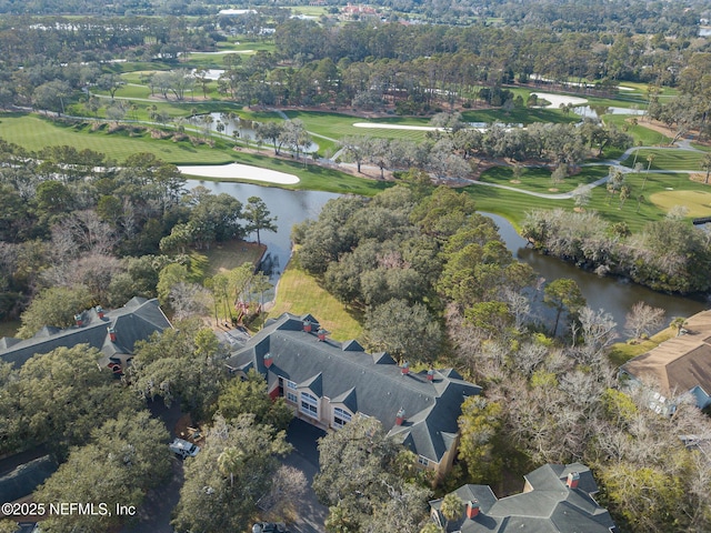 bird's eye view with a water view