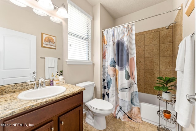 full bathroom featuring vanity, shower / bath combination with curtain, a textured ceiling, tile patterned floors, and toilet