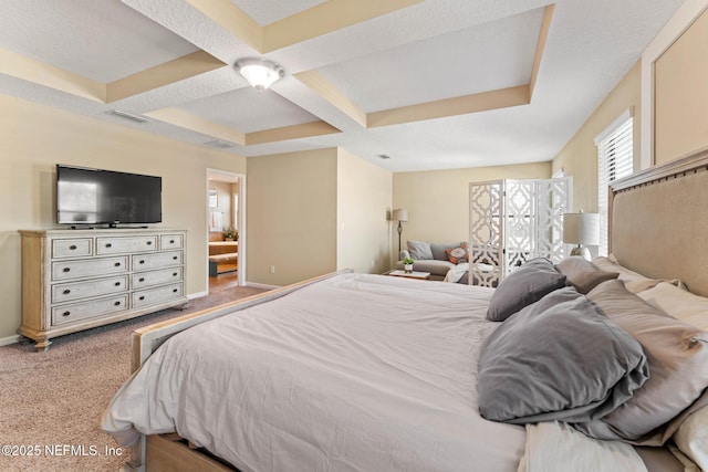 carpeted bedroom featuring ceiling fan, coffered ceiling, and beam ceiling