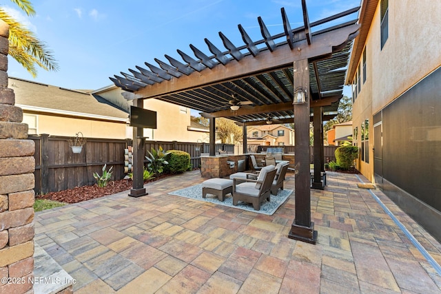 view of patio with ceiling fan and a pergola