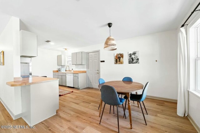 dining room with sink and light hardwood / wood-style flooring