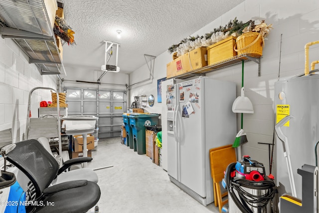 garage featuring electric water heater, a garage door opener, and white fridge with ice dispenser