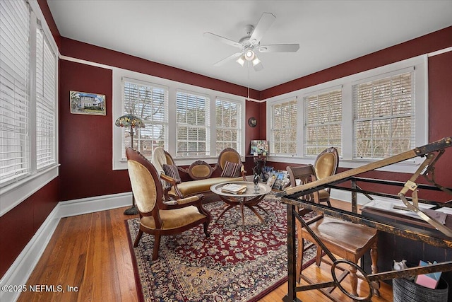 interior space featuring ceiling fan, a healthy amount of sunlight, and wood-type flooring