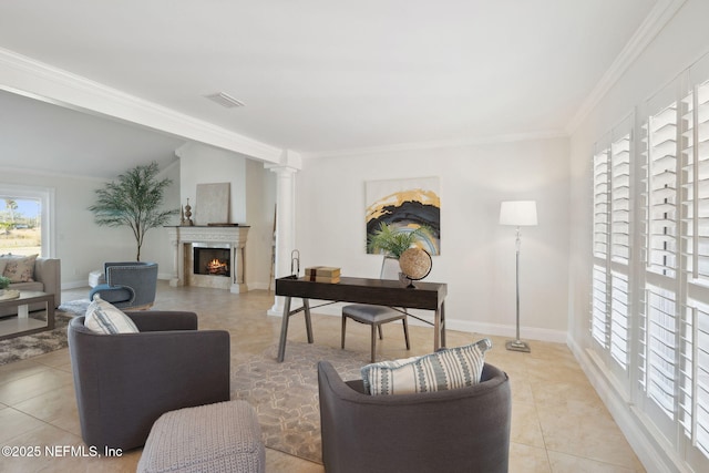 living room featuring crown molding and light tile patterned flooring