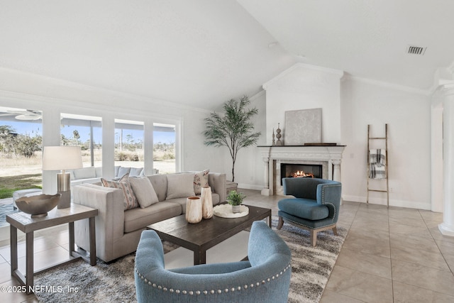 tiled living room featuring lofted ceiling