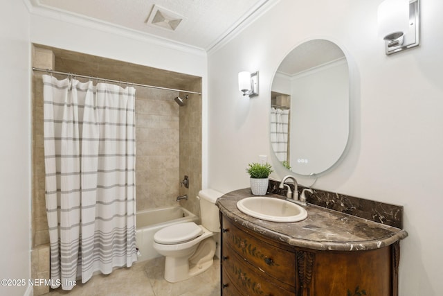 full bathroom featuring tile patterned floors, toilet, crown molding, vanity, and shower / bath combo