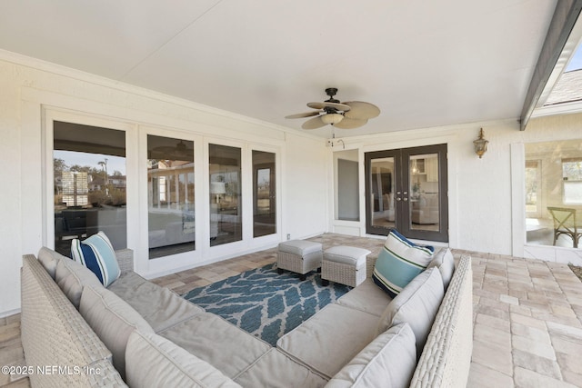 view of patio with french doors, ceiling fan, and an outdoor hangout area