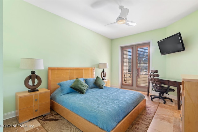 bedroom featuring french doors, ceiling fan, and access to exterior