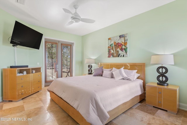 bedroom featuring access to outside, french doors, and ceiling fan