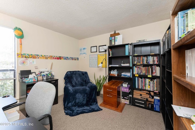 home office with a textured ceiling and carpet floors