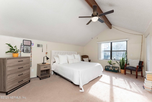 bedroom featuring visible vents, light colored carpet, lofted ceiling with beams, ceiling fan, and a textured ceiling