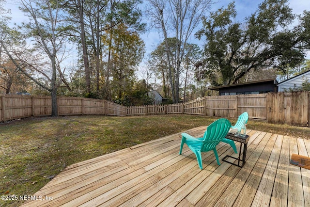 deck featuring a fenced backyard and a lawn