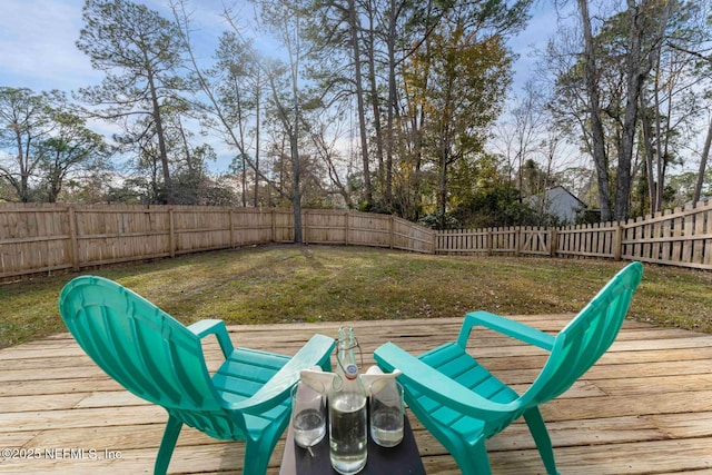 deck with a lawn and a fenced backyard