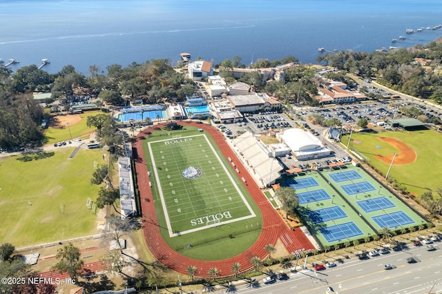 aerial view featuring a water view