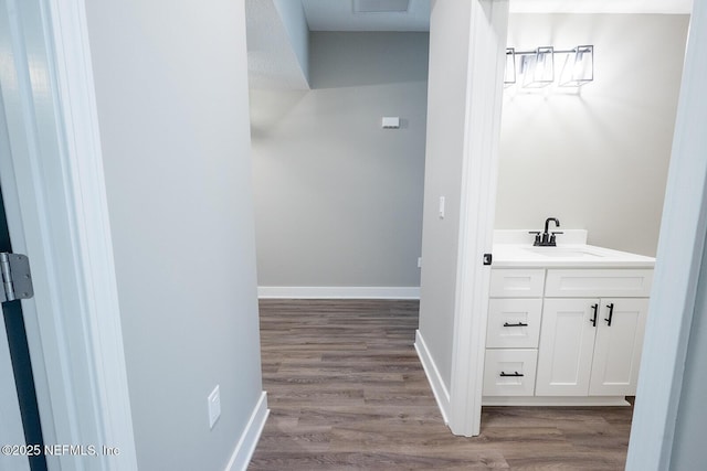 bathroom with vanity and hardwood / wood-style flooring