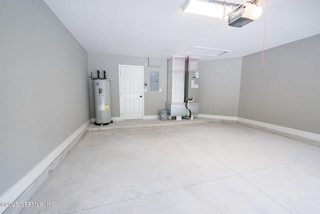 garage featuring a garage door opener, electric panel, and water heater