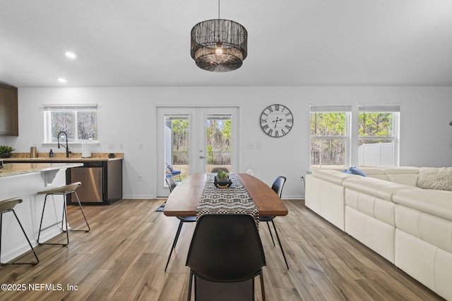 dining space featuring french doors, a healthy amount of sunlight, and light hardwood / wood-style floors