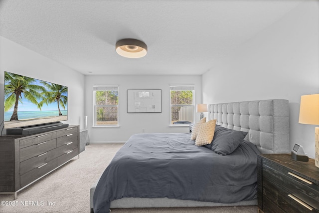 bedroom featuring multiple windows, light carpet, and a textured ceiling