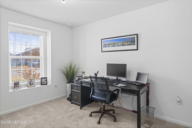 office area featuring light carpet