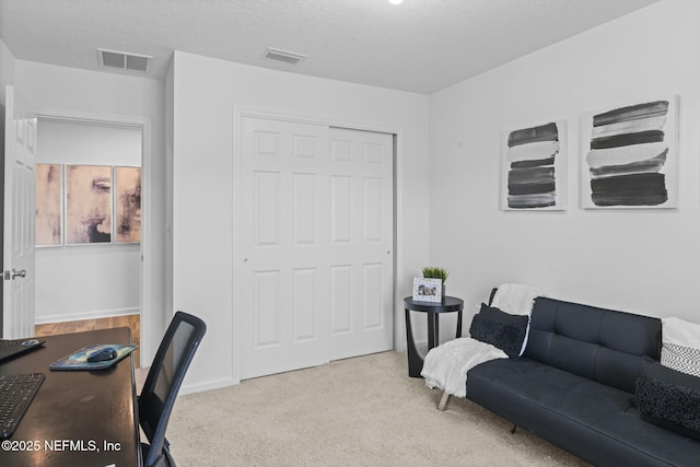 office featuring light colored carpet and a textured ceiling