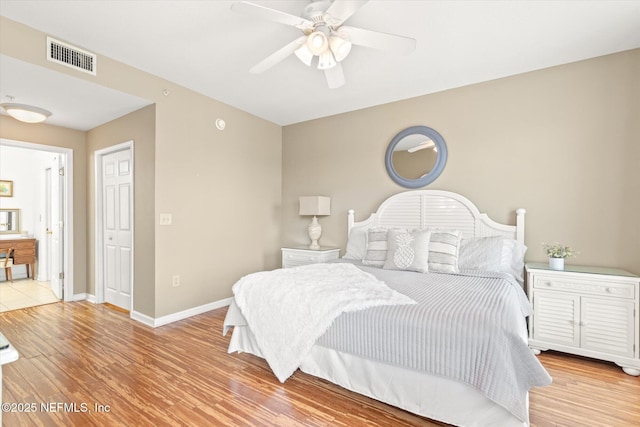 bedroom featuring light hardwood / wood-style flooring and ceiling fan