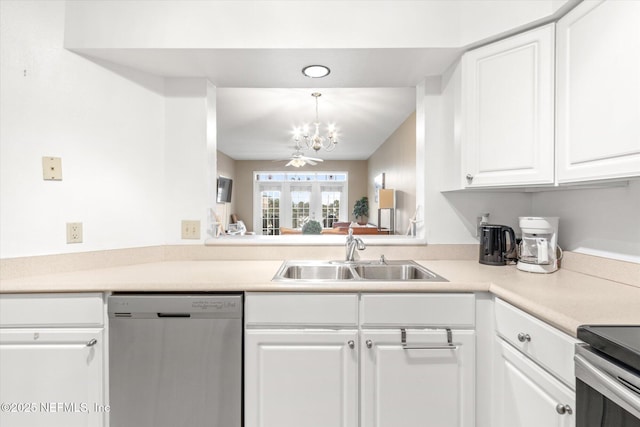 kitchen featuring decorative light fixtures, white cabinetry, dishwasher, sink, and an inviting chandelier