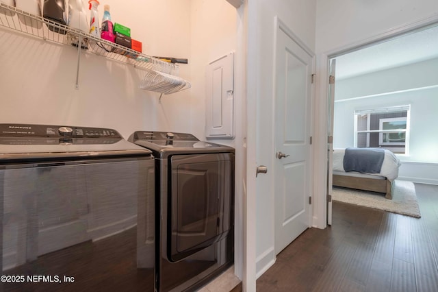 laundry room featuring washing machine and clothes dryer, wood-type flooring, and electric panel