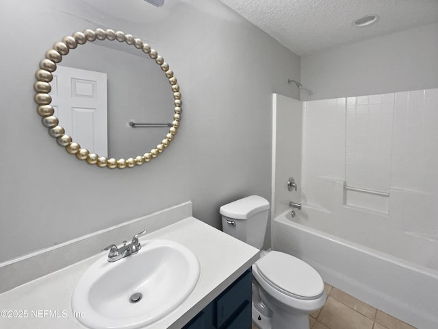 full bathroom with toilet, a textured ceiling, vanity, shower / bath combination, and tile patterned flooring