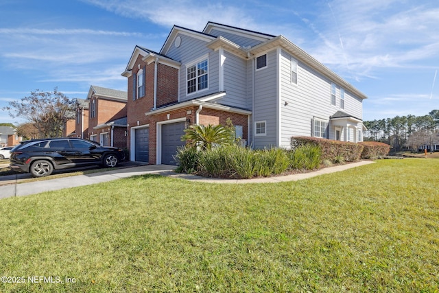 view of side of property featuring a garage and a yard