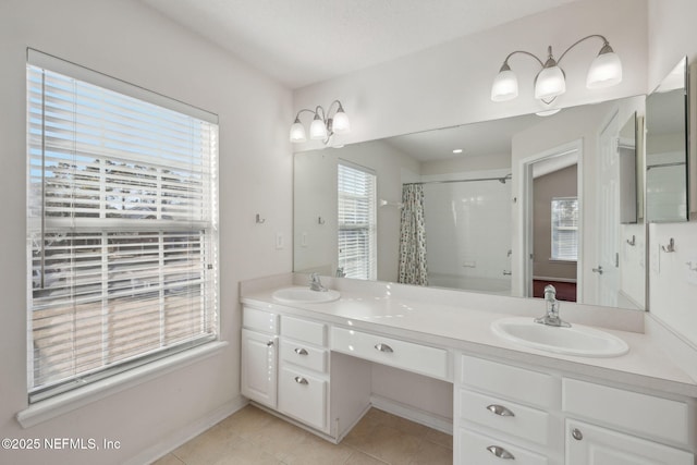 bathroom with vanity, tile patterned flooring, and a shower with curtain