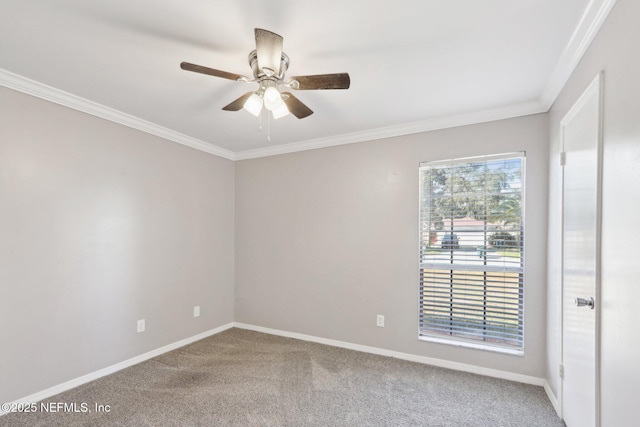 carpeted spare room with crown molding and ceiling fan