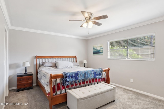 bedroom with ornamental molding, carpet floors, and ceiling fan