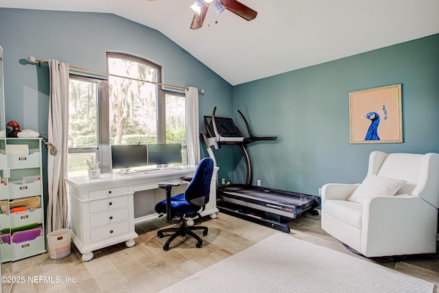 office with lofted ceiling, ceiling fan, and wood finished floors