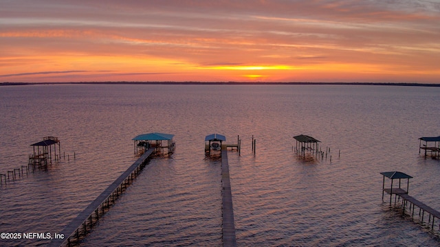 property view of water with a dock