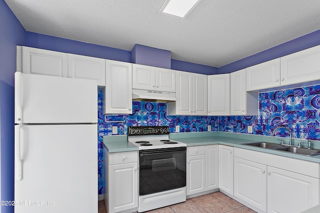 kitchen with range with electric stovetop, sink, white cabinets, white refrigerator, and light tile patterned floors