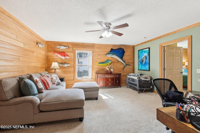 carpeted living room with ceiling fan and a textured ceiling