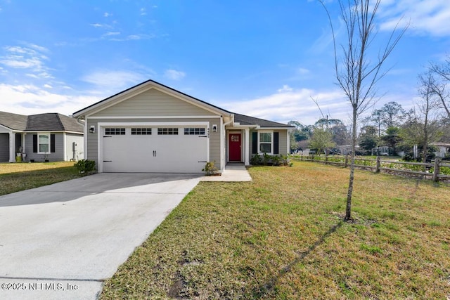 ranch-style house with a garage and a front lawn