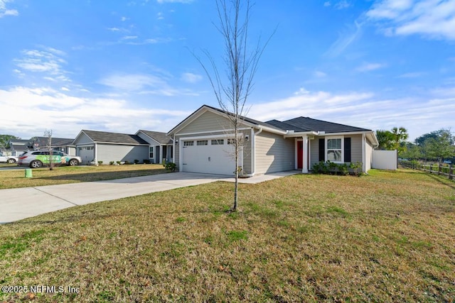 ranch-style home with a garage and a front yard