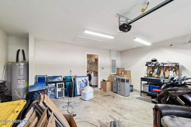 garage with a garage door opener, separate washer and dryer, electric panel, and electric water heater