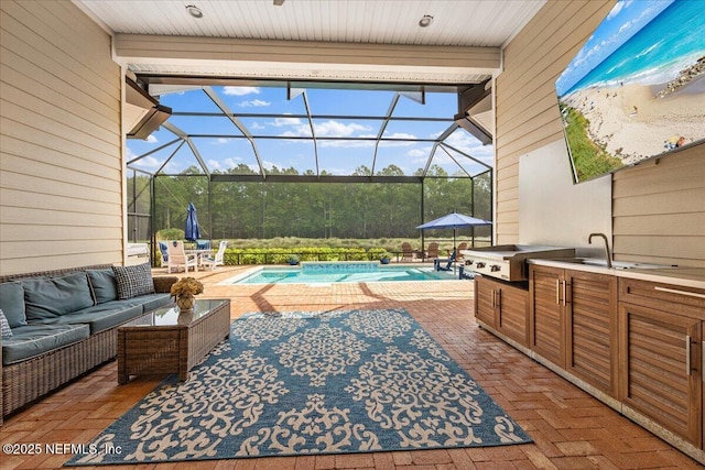 view of patio featuring an outdoor living space, a grill, and a wet bar