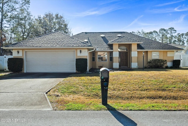 single story home featuring a garage and a front yard