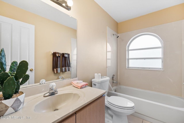 full bathroom featuring vanity, tile patterned flooring, tub / shower combination, and toilet