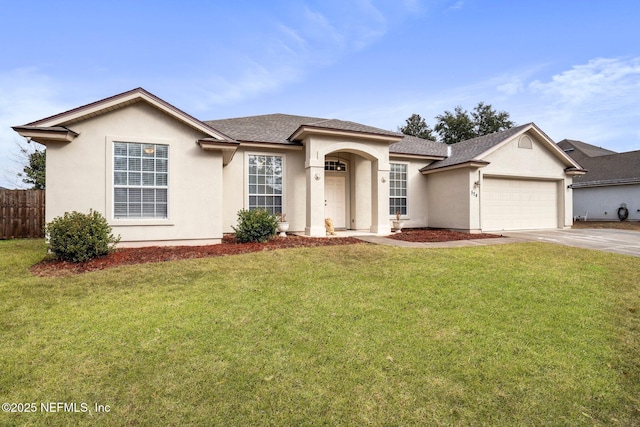 ranch-style house with a garage and a front lawn