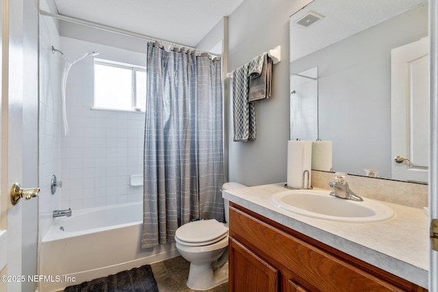 full bathroom featuring vanity, shower / tub combo, and toilet